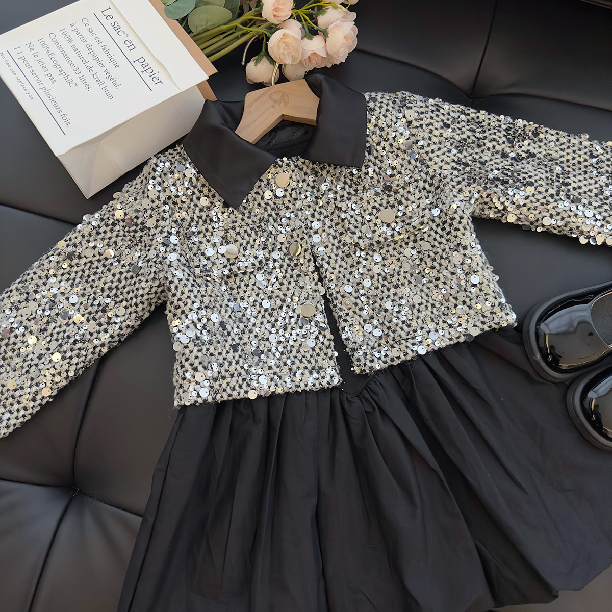 Girl designer fashion style set Spring and Autumn baby girl sequin jacket dress short skirt two-piece princess style