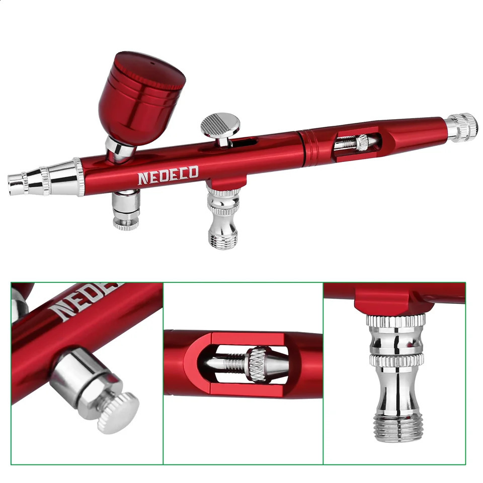 Airbrush Dual Action Gravity Feed 0m Nozzle Adjustable RedGold Cake Decorating Brushes For Nail Manicure With Wrench Straw 251015