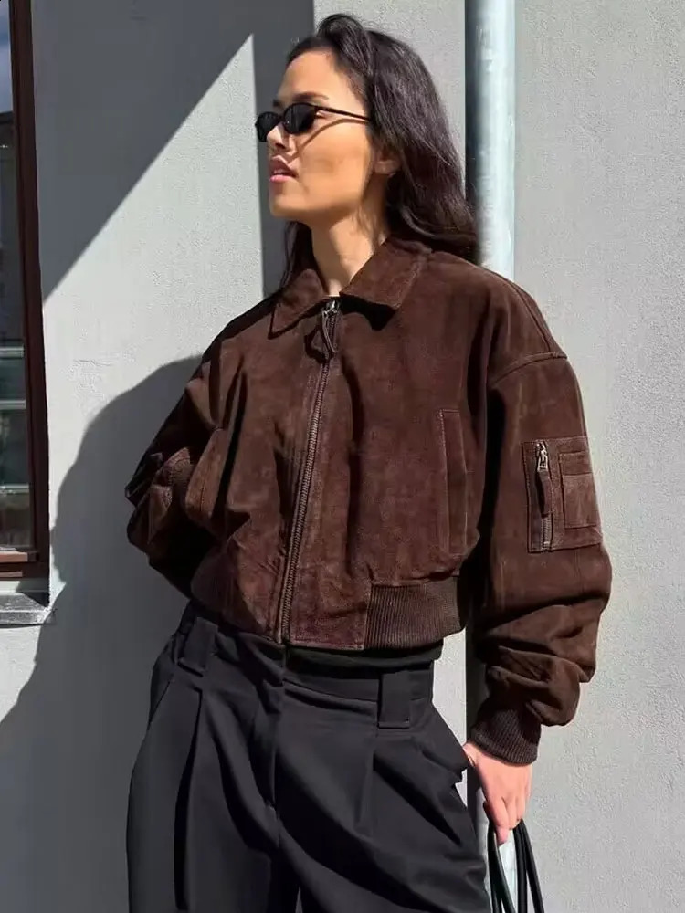 HH Female High Street Suede Bomber Jacket 2025 Autumn Long Sleeve Zipper Vintage Solid Lapel With Pockets Trendy Coats 251018
