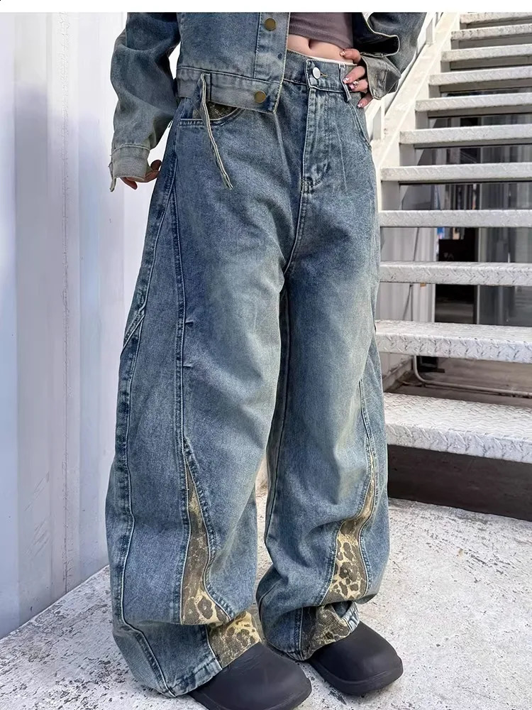 2025 American Retro Y2K Style Leopard Patchwork Baggy Jeans Pants For Men Clothing Straight Harajuku Denim Trousers Moda Hombre 251018
