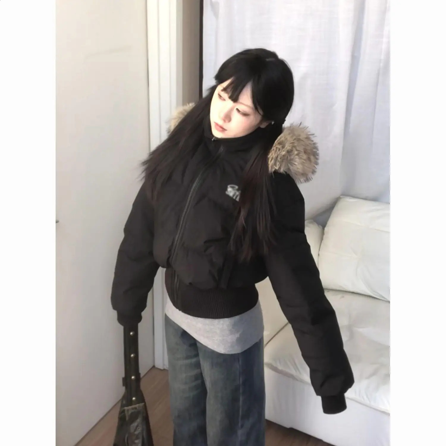 Korean Chic Slim Waist Short Parkas Y2k Harajuku Grunge Print Patchwork Fluffy Hooded Cotton Jacket Autumn Winter Warm Top 251021