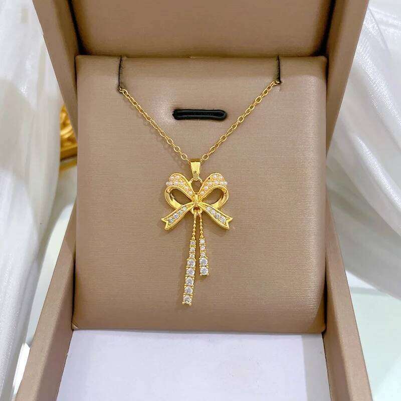 Exquisite And Fashionable Hollow Pearl Bow Tassel Necklace Earrings Set Classic Personality Girls Stainless Steel Jewelry Gift