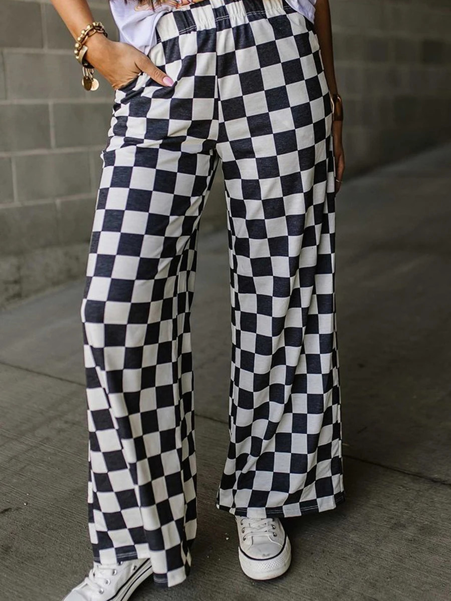 Womens Checkered Wide Leg Pants High Elastic Waisted Straight Loose Fitted LoungeTrouser Y2k Korean Streetwear 251016