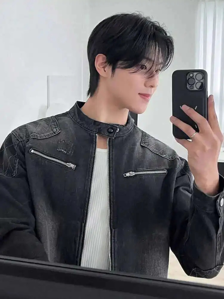 2025 Autumn Stand Collar Solid Color Mens Wear Denim Jackets Zipper Patchwork Korean Style Casual Loose Short Male Coat 251017