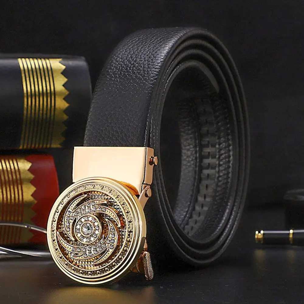 Men Business Time To Run Belt Man Automatic Buckle Leather Belt Golden Waist Buckle Males Luxury Belt Rhinestone DecorationXJ251023