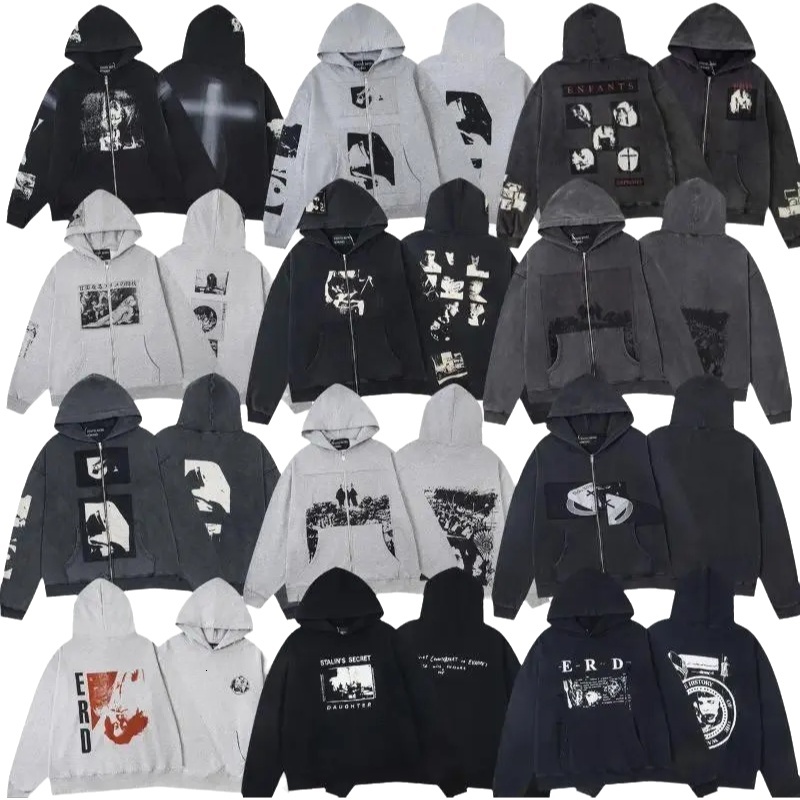 Men's Hoodies Stock Winter High Street Retro Patchwork Abstract Portrait Print Zipper Hoodie Jackets ERD Designer Hoodie Jacket Tracksuit Men Polo Veste Coat