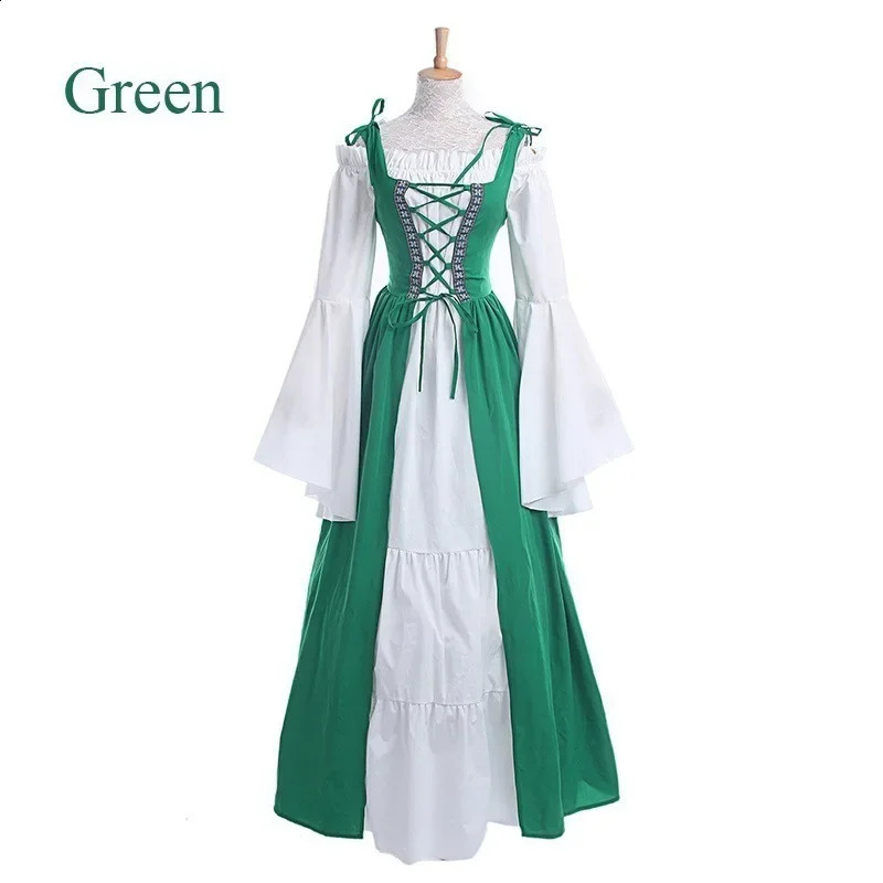 Retro Tie Waist Square Collar Middle Ages Renaissance Dress Full Sleeve round Neck Long Ankle Length Polyester Fiber 251022