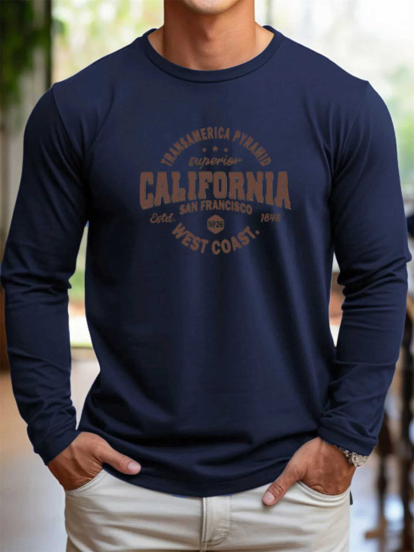 Mens 100 pure cotton loose fit comfortable sports and leisure California West printed round neck long sLeeved TshirtXJ251023