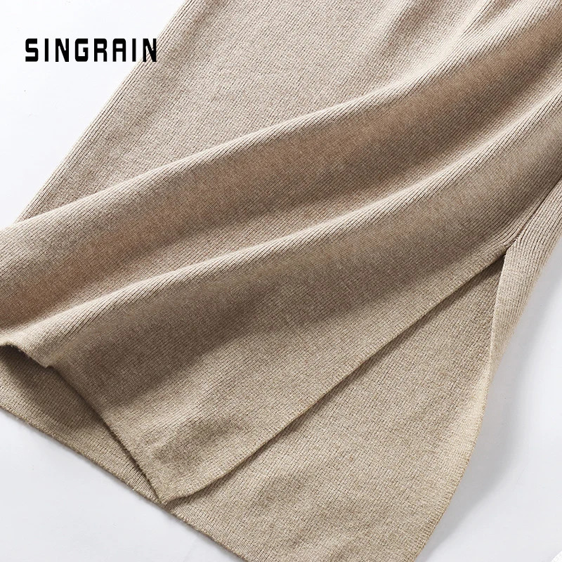 SINGRAIN Women sweater skirt pencil midi knitted skirt high waist skirts womens winter long warm knitting skirts split bottoms 251020