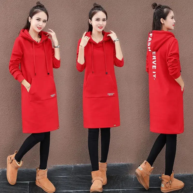 Womens Thickened Fleece Hoodie Loose Long Sleeve KneeLength Dress Polyester Fiber Winter Fashion Outerwear Casual Streetwear 251022