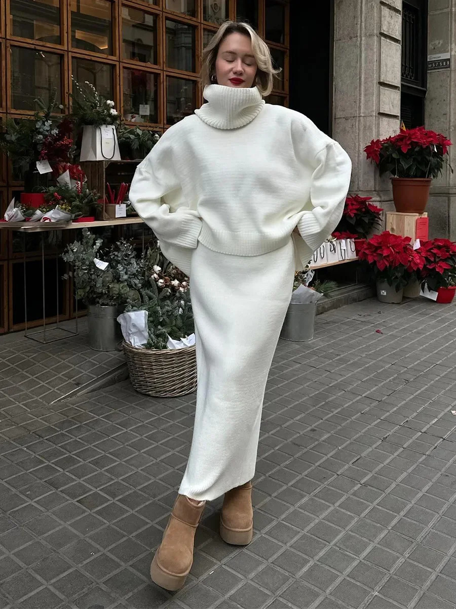 Wolfeel Womens Knitted Turtleneck Sweater Skirt 2 Piece Set Autumn Winter Loose Solid Color Knit Outfit Casual Warm Suit 251022