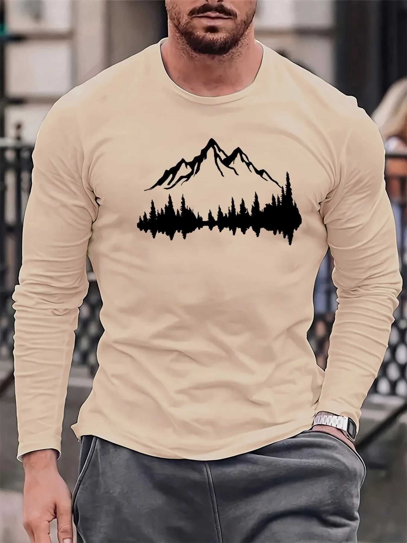 Mens 100 pure cotton loose fit comfortable casual sports mountain reflection pattern printed round neck long sleeved TshirtXJ251023