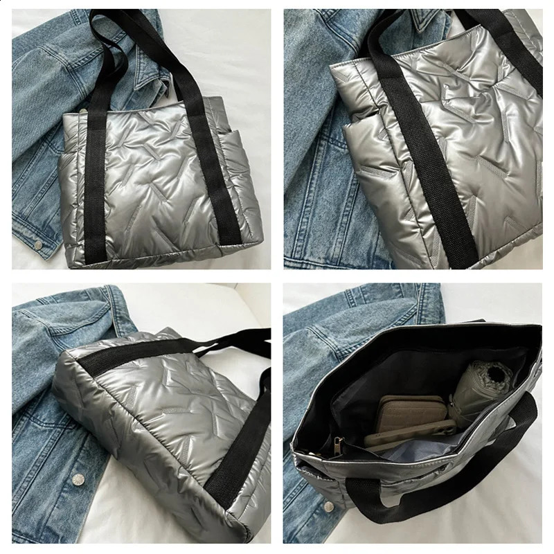 Winter Down Cotton Casual Tote Bags For Women Solid Color Fashion Shoulder Bag Ladies Handbags Commuting Gift 251014
