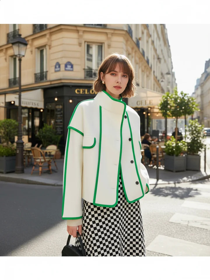 Freeacy Autumn Womens Coat Green Trim High Neck Buttoned Loose Fit Jacket Casual Woolen Outerwears 251013