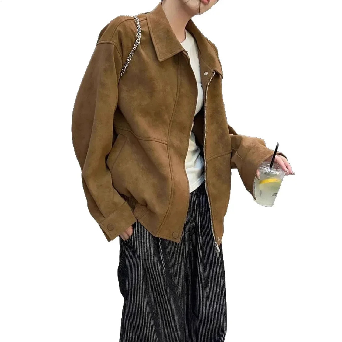 Retro American Suede Jacket Womens Loose Lapel MidLength Casual Spring Autumn Fashionable Top Full Sleeve Origin China 251013