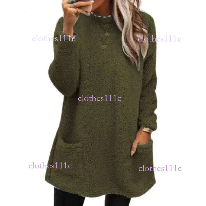Autumn Winter O Neck Pullover Plush Hoodie Women Daily Commuter Casual Double Pockets Splice Hem Sweatshirt Female Long Warm Top