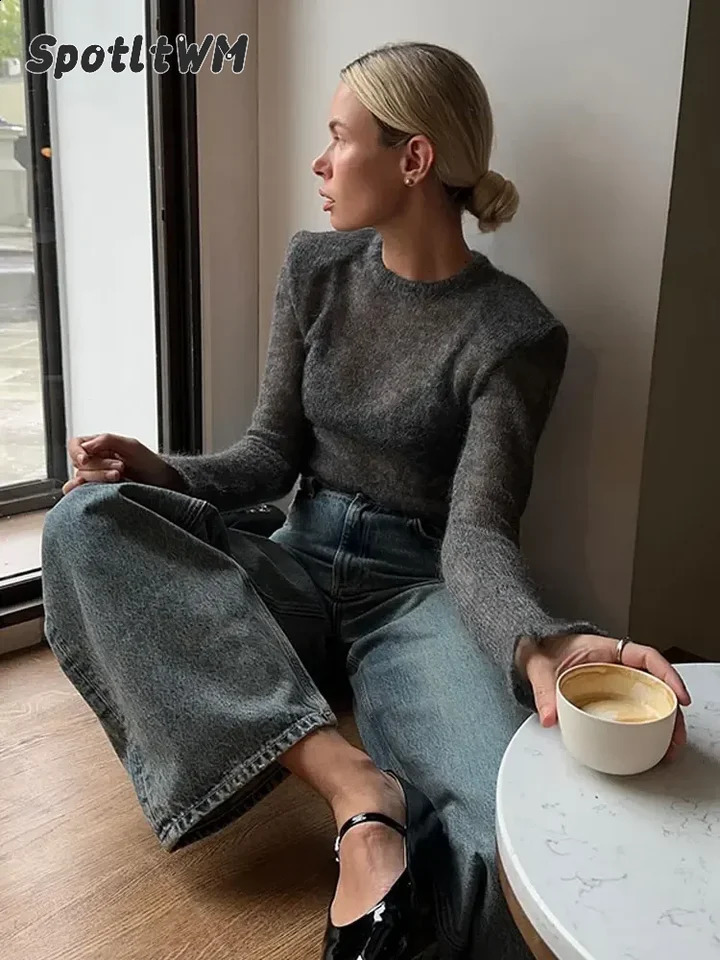 Fashion Solid Round Neck Thin Knitted Sweater Elegant Long Sleeve Bodycon Pullover Autumn Lady Commuting Street Outwear 251023