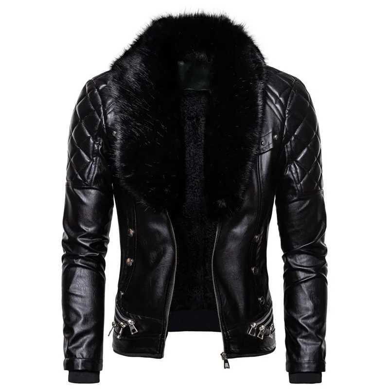 New Winter Fleece Motorcycle Leather Jacket Men Turn Down Fur Collar Slim Fit Warm PU Bomber Jackets Coats Mens Moto Biker Coat W251023