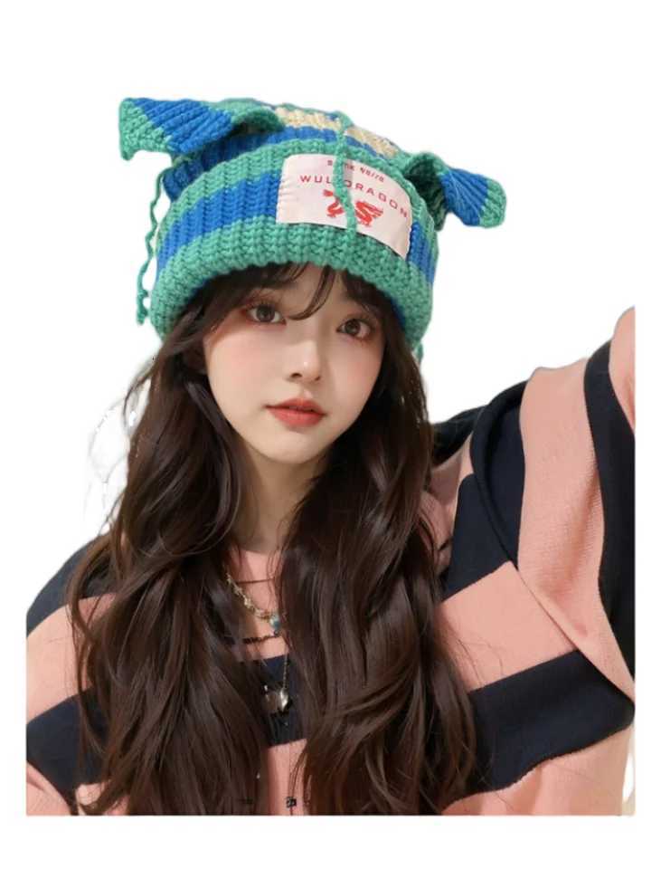 Stripe Hat Niche Design Personalized Cat Pig Ears Knitted Wool Hat Cute Warm Winter Hats for Men Women Beanies SkulliesXJ251023