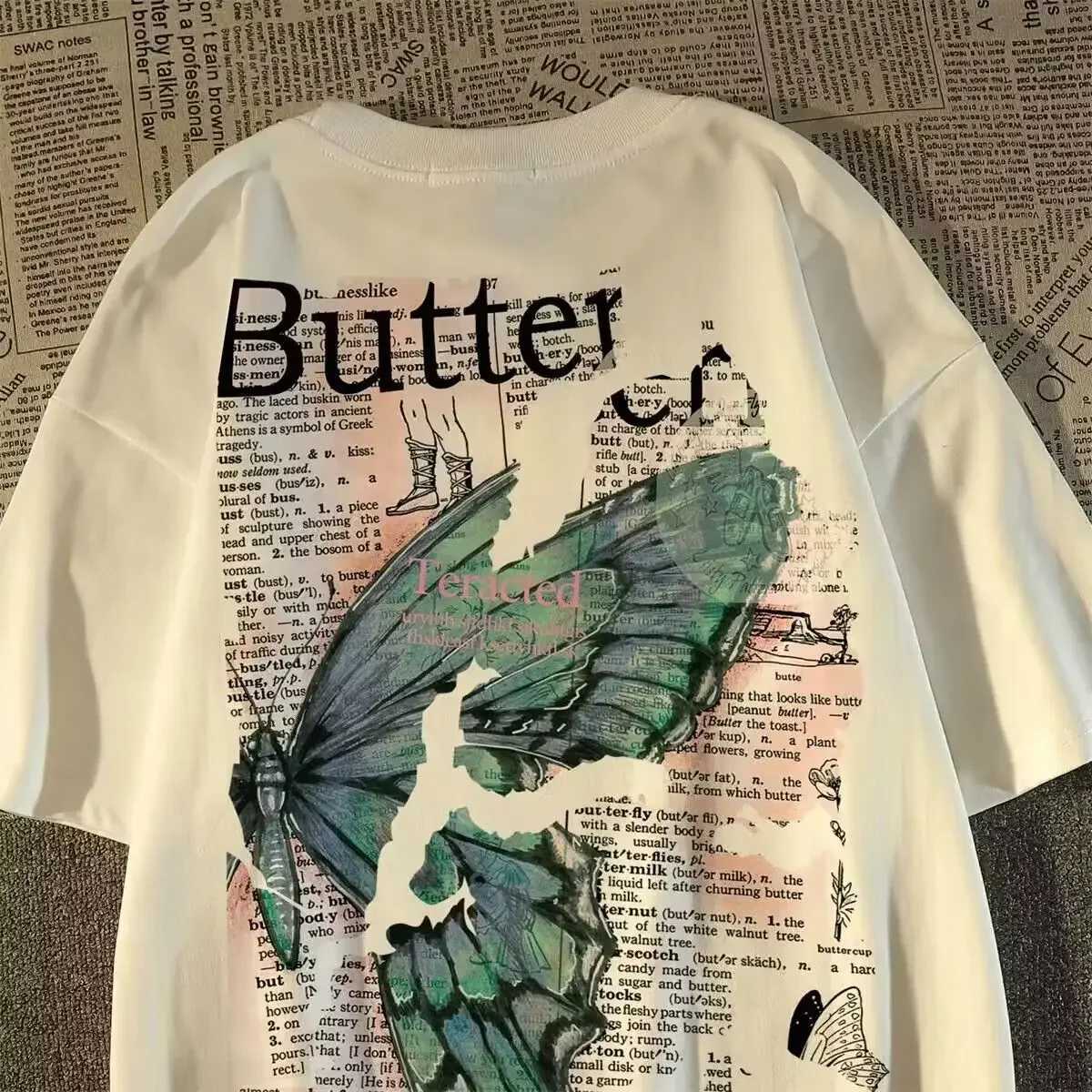 American retro street butterfly print graphic Tshirt summer men and women loose fitting couple casual hiphop short sleeves y2kXJ251023