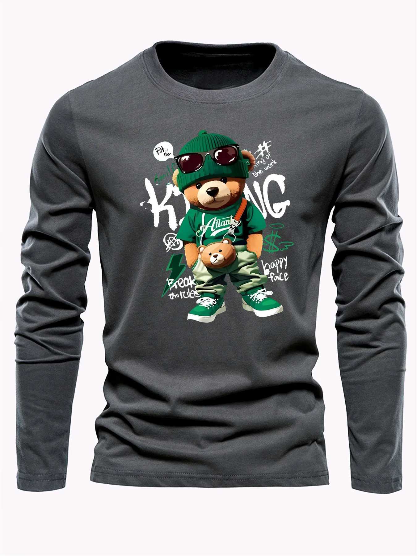 Mens 100 pure cotton loose and comfortable sports casual fashion cartoon bear print round neck long sleeved Tshirt topXJ251023