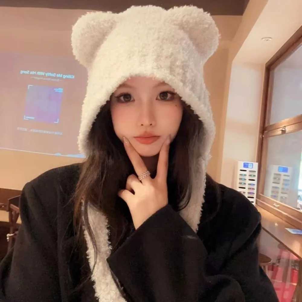 Cute Y2k Bear Ear Wool Hat With Rope Warm Beanies Cap Ear Protection Lace up Winter HatXJ251023