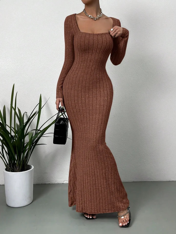 Womens Sexy Square Neck MidLength Knitted Dress Slim Fit Retro LongSleeved Wrap Hip Robe for Fall 251022