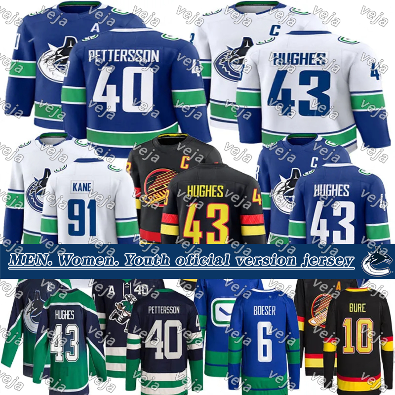 #43 Quinn Hughes hockey jersey Canuck jersey #40 Elias Pettersson Evander Kane Brock Boeser Trevor Linden Jake DeBrusk Thatcher Demko Conor Garland Pavel Bure jerseys