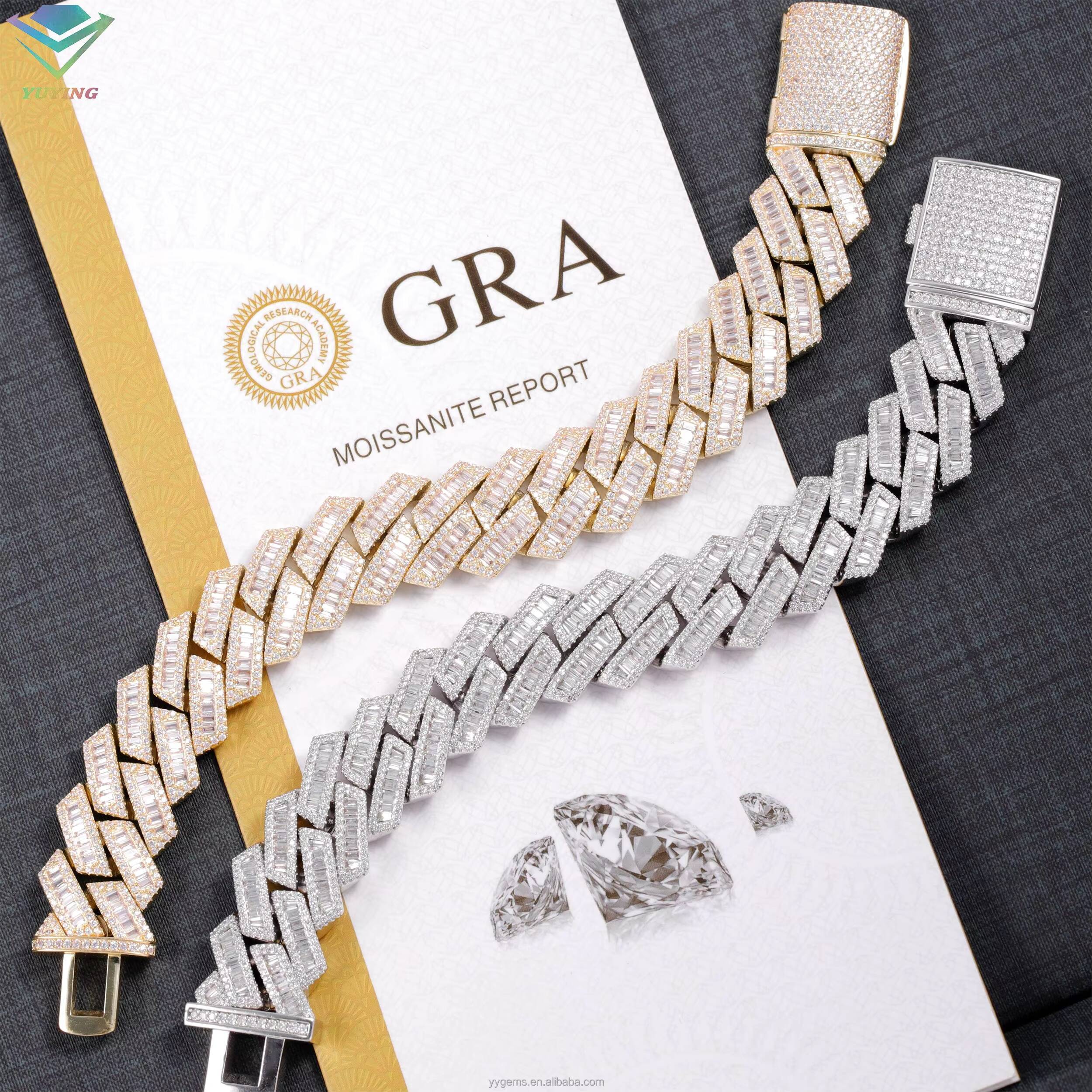 13mm 15mm 18mm baguette Moissanite Chain Iced Out Hip Hop Cuban Chain Link S925 Silver Necklace With GRA Certificate Jewelry