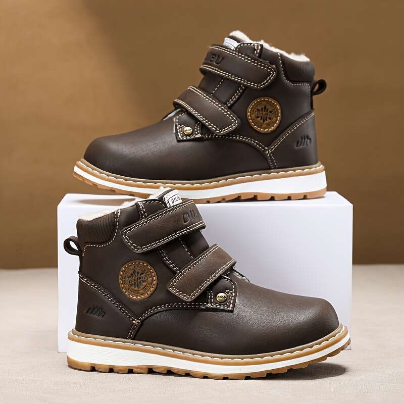 Boys' High-Top Snow With Fleece Warm Mid-Calf Hiking Shoes, EVA Sole & Hook-And-Loop Closure, Brown - Perfect For Outdoor Adventures, Winter Boot