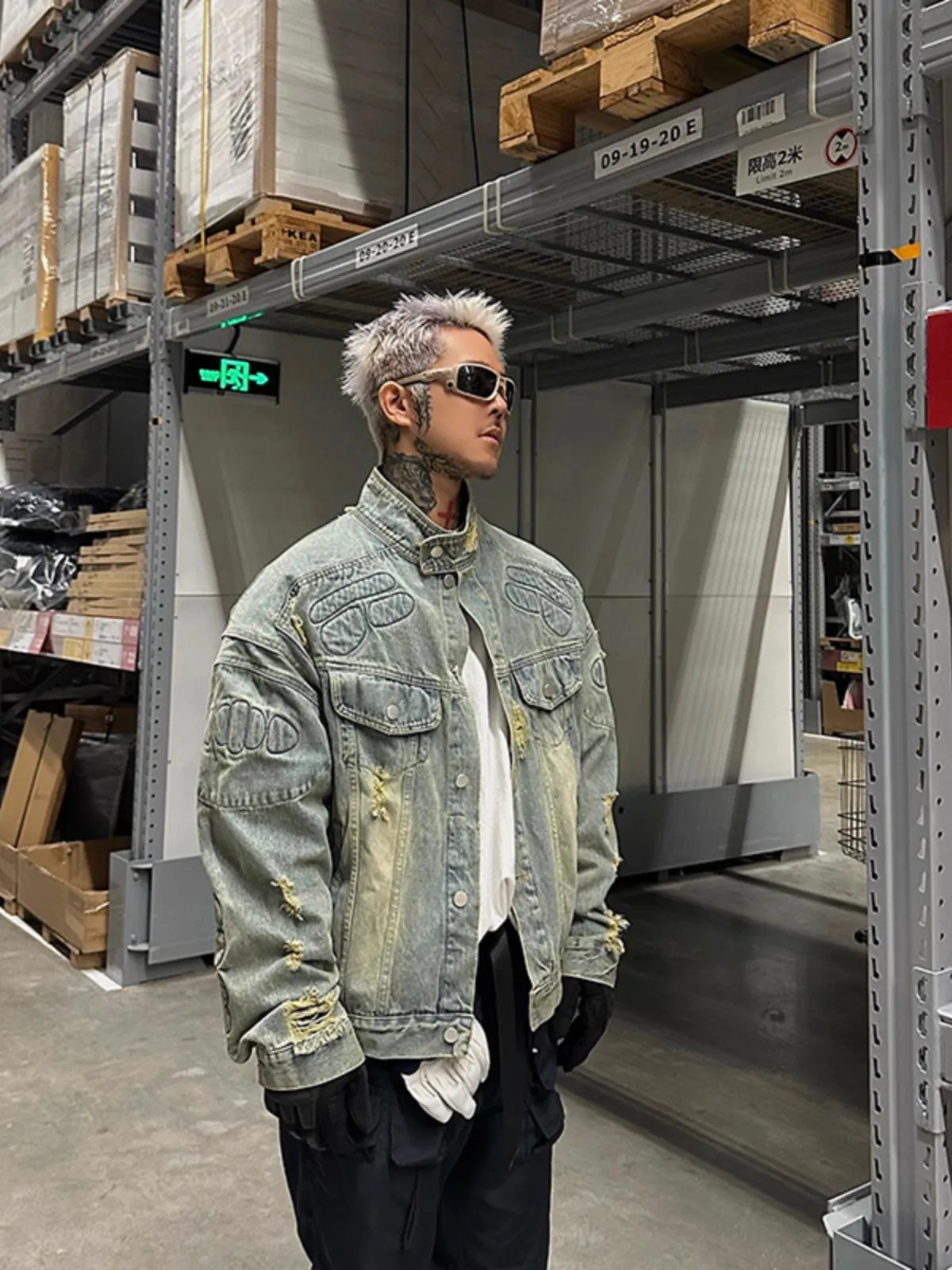 REDDACHIC 90s Retro Destroyed Denim Jacket Men Distressed 3D Padded Long Sleeves Loose Casual Bomber Coat Biker Moto Y2k Outwear 251017