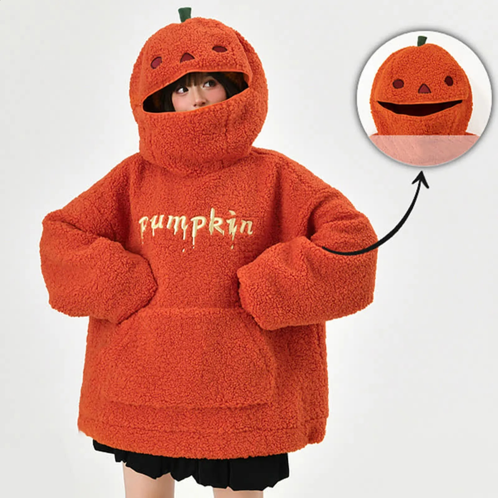 Womens Halloween Pumpkin Shaped Hoodie Autumn Round Neck Hooded Sweatshirt DoubleFaced Fleece Cute Sweater Tops 251022