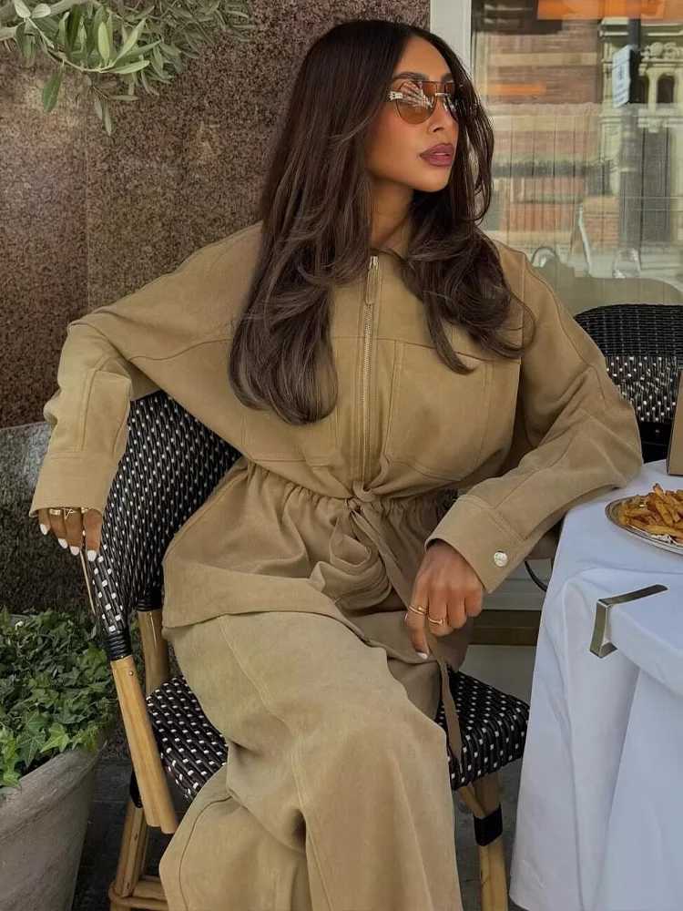 HH Women Long Sleeves Belt Lapel Zipper Pocket CoatHigh Waist Elastic Waist Drawstring Wide Leg Pants Autumn Chic 2Piece SetT251022