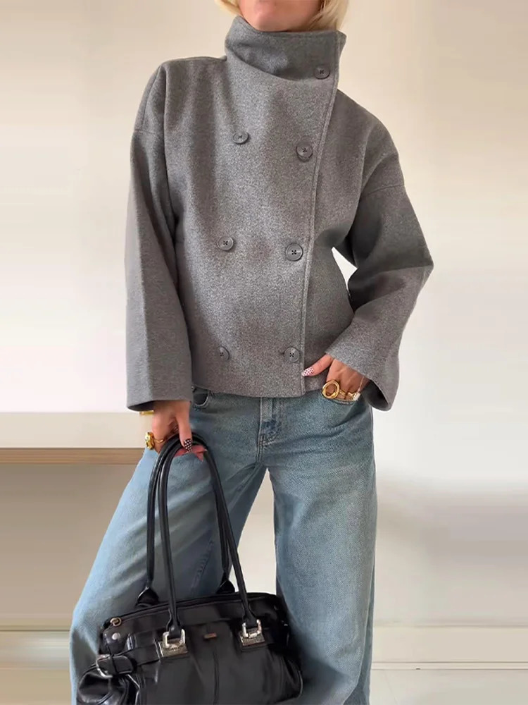 Elegant Womens Coat High Stand Collar Full Sleeve Double Breasted Solid Female Coats Autumn Fashion High Street Lady Top 251020