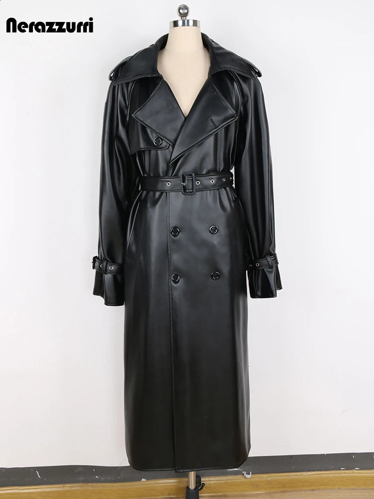 nerazzurri Spring Autumn Long Oversized Windproof Waterproof Black Pu Leather Trench Coat Men Belt Double Breasted Overcoat 251023