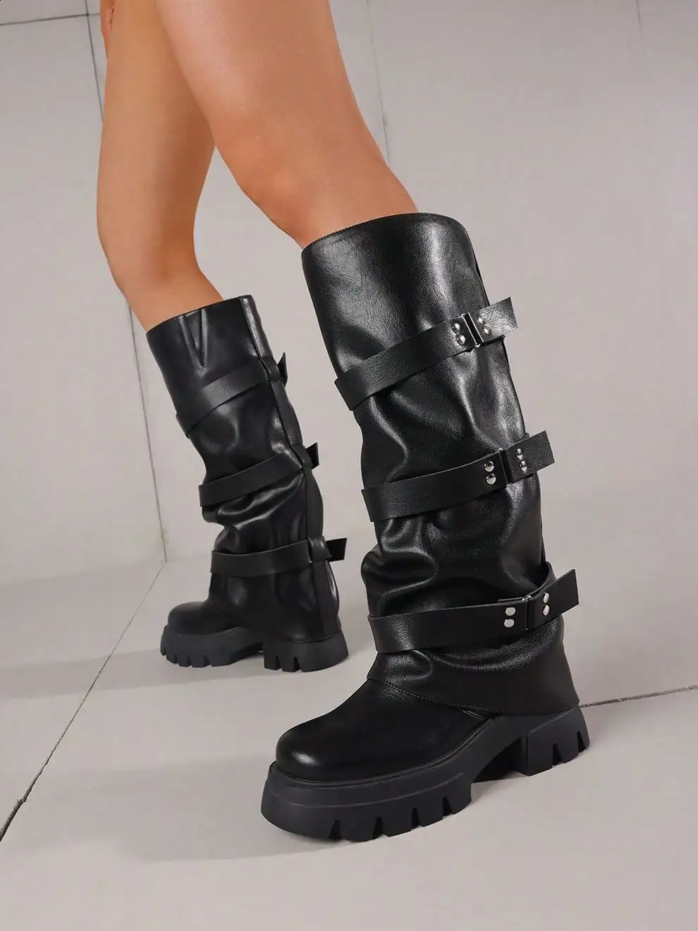 Womens Fold Over Knee High Boots Platform Motorcycle PullOn Knight Ruched Slouchy Fashion Dress Punk Goth Shoes 251011