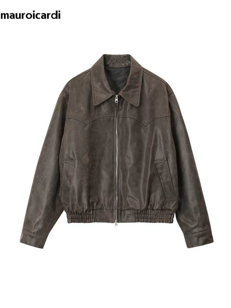 Mauroicardi Spring Autumn Vintage Lightweight Distressed Washed Brown Pu Leather Jacket Men Zipper Casual Korean Fashion Clothes W251023