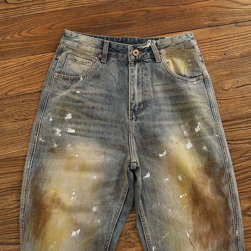 Autumn and winter heavyweight loose straight leg jeans for men personalized splashed ink vintage denim pants 251017