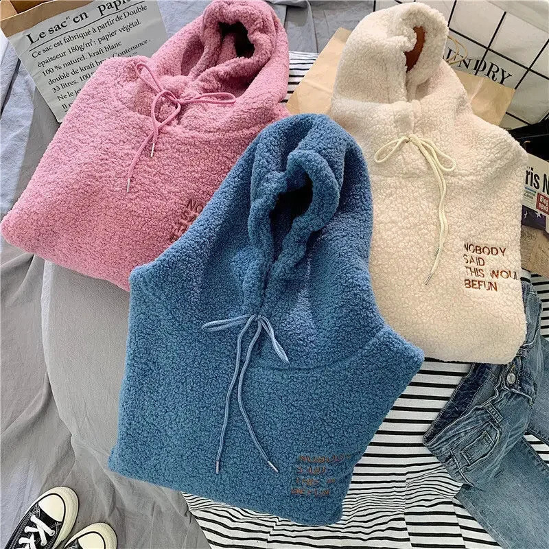 Autumn Winter Warm Fluffy Hoodie Casual Women Hooded Pullovers Letters Leisure Sweatshirt Loose Top 251022