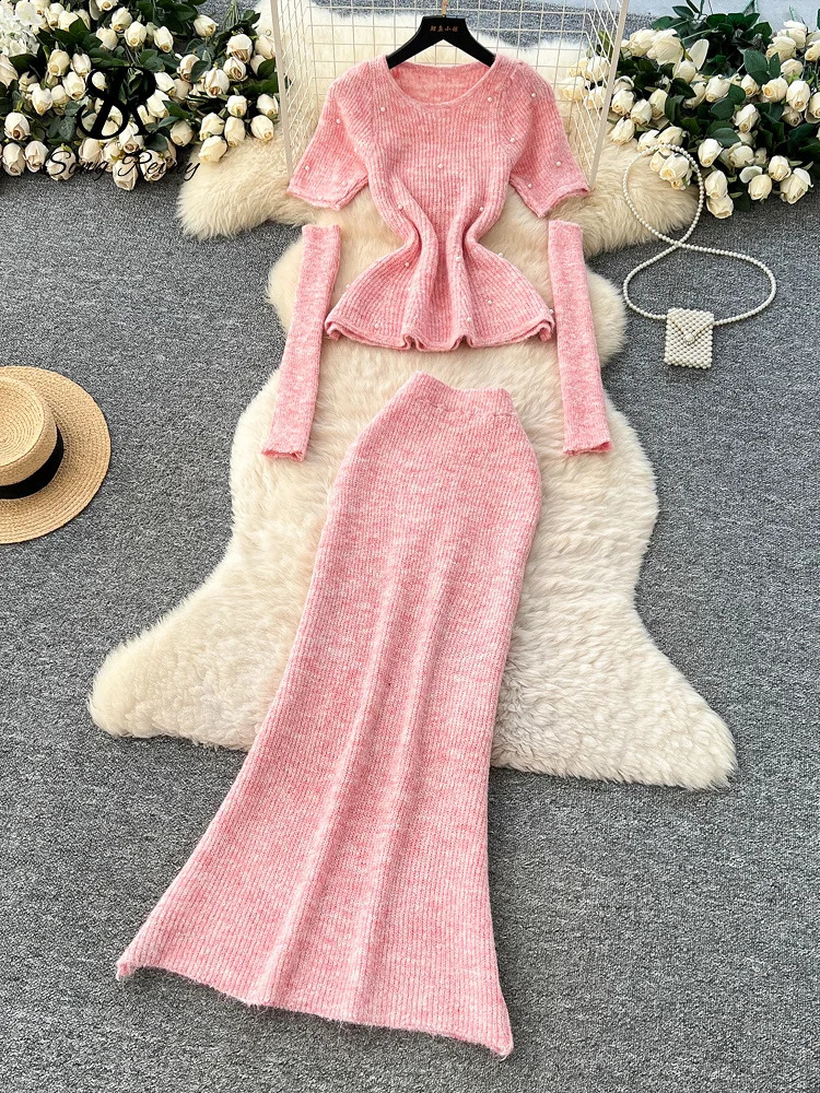 SINGREINY Streetwear Cashmere Sweater Suits Women Beading Oversleeve Knit PulloverElastic Long Skirts Autumn Pearl Knitted Sets 251022
