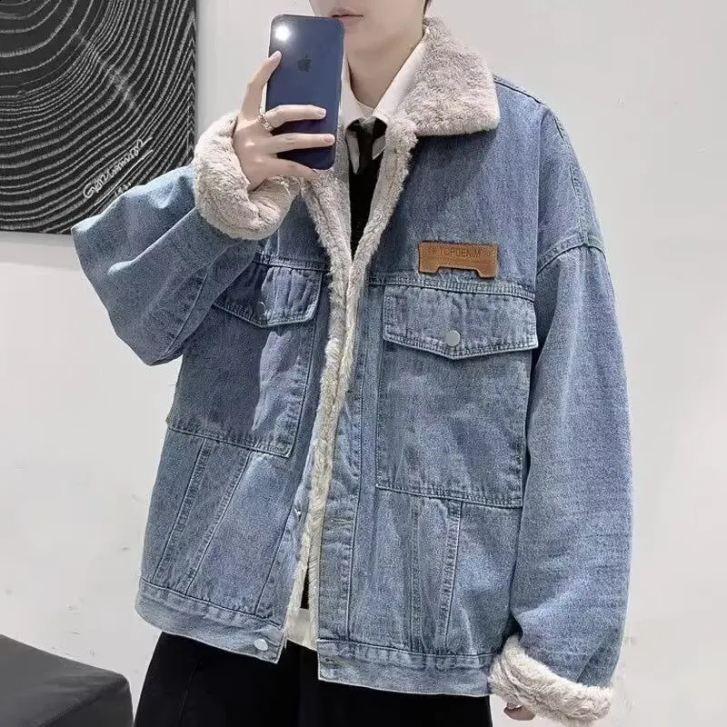 Winter Denim Jacket Men American Style Fleece Lined Thick Warm Cotton Coat Loose Fit Casual Korean Fashion Outerwear Tops Unisex 251023