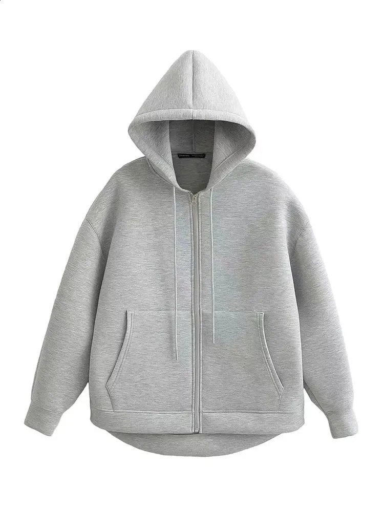 HH Autumn Women Gray Jacket With Hood Long Sleeve Big Pocket Zipper Coat Woman Loose Casual Outerwear Tops 251018