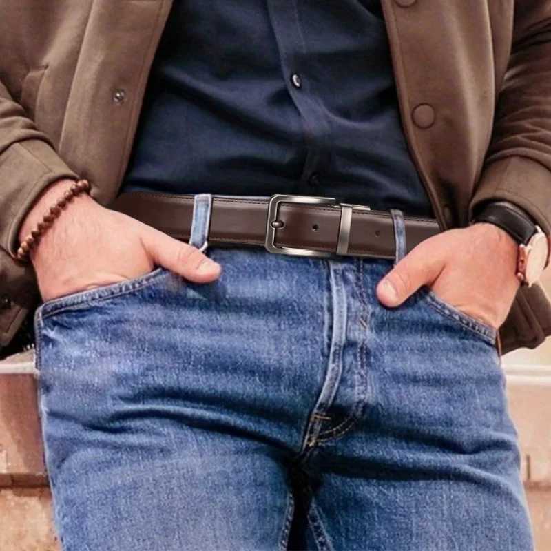 1pc Mens Leather Reversible Belt Rotate Black BuckleXJ251023