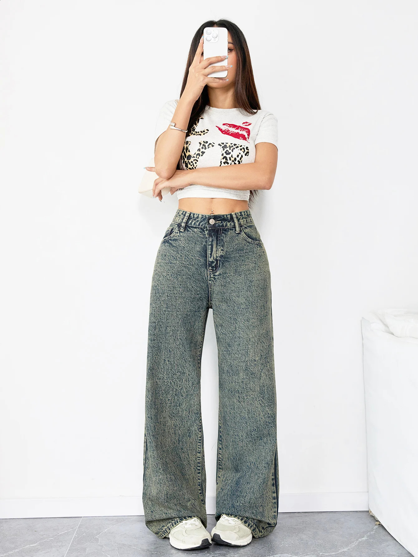 Loose Fit Wide Leg Denim Jeans for Women High Waist Casual Streetwear Vintage Style Comfortable Everyday Pants 251023