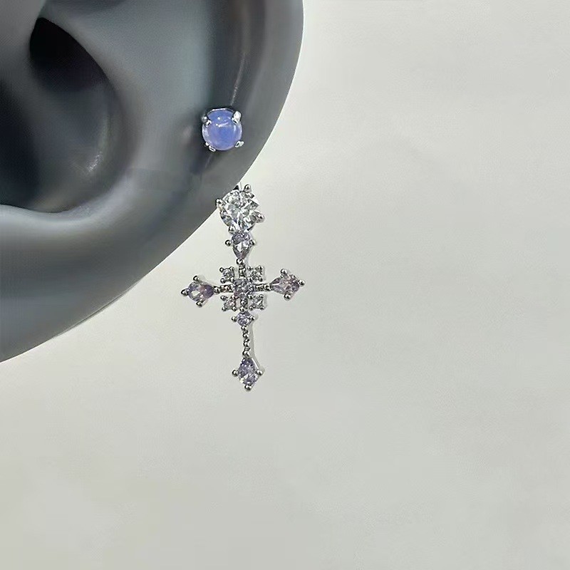 TaiYang New Crystal Grape & Cross Ear Cuff, Icy Purple CZ Horseshoe Earring for Cartilage, Edgy Yet Delicate Ear Jewelry for Women