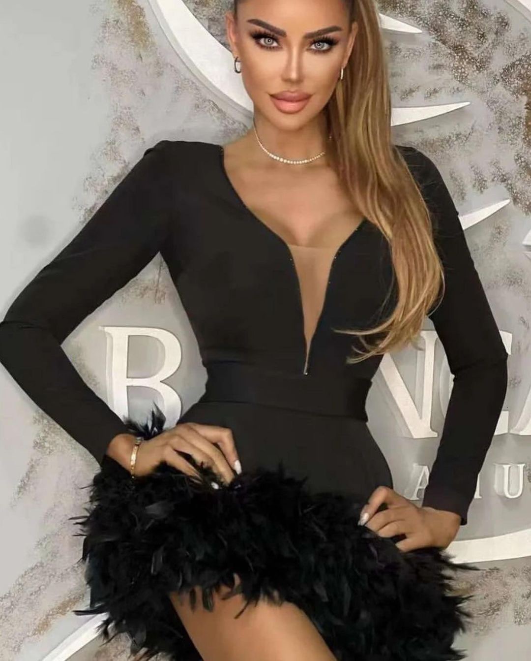 Spring and Autumn new designer black and white long sleeved feather V-neck sexy social bandage dress