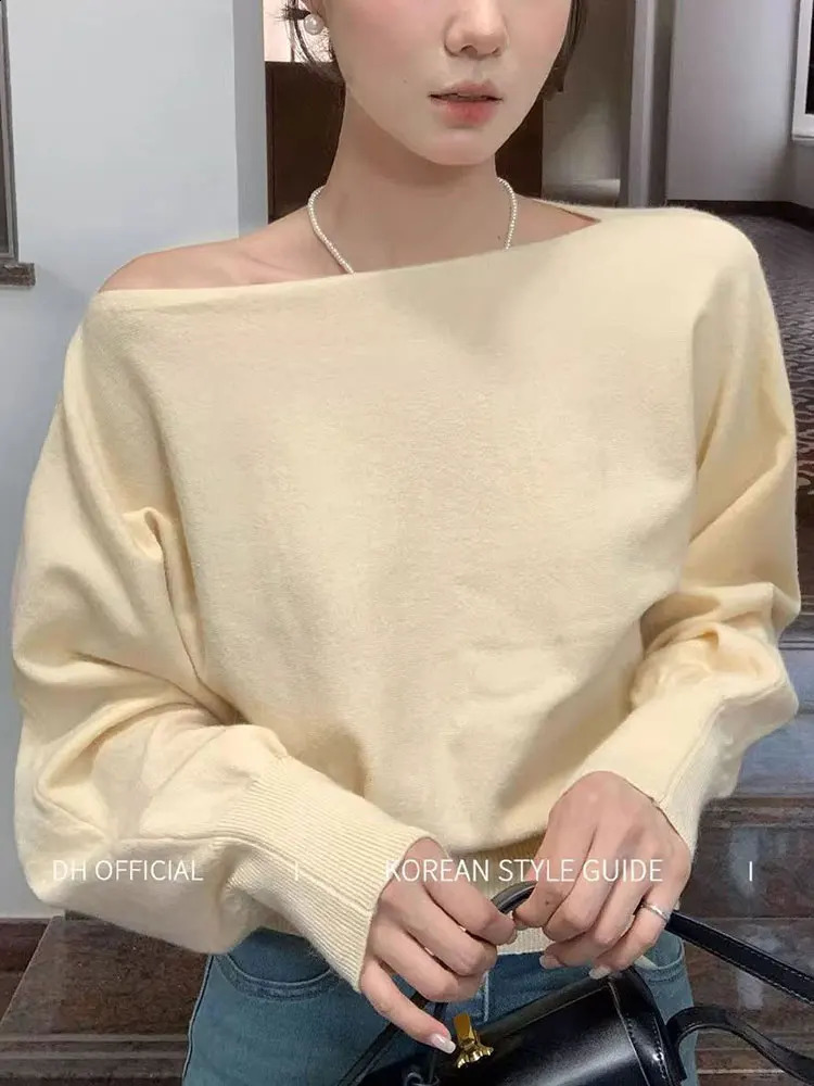 Boat Neck Long sleeve Knitwear Women Pullover Off shoulder Puff sleeve Sweater Spring Autumn Outwear Lady Casual Top 251023