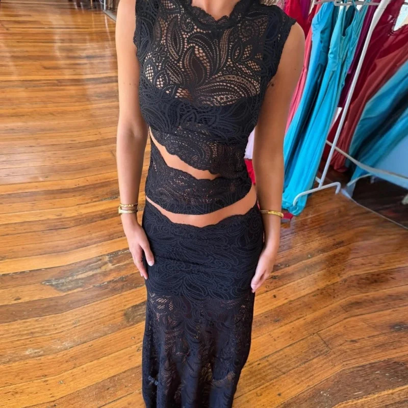 Candy See Through Lace Sexy Sleeveless Round Neck and Elegant Straight Long Skirt Summer Evening Vintage Women 2 Pieces Set 251013