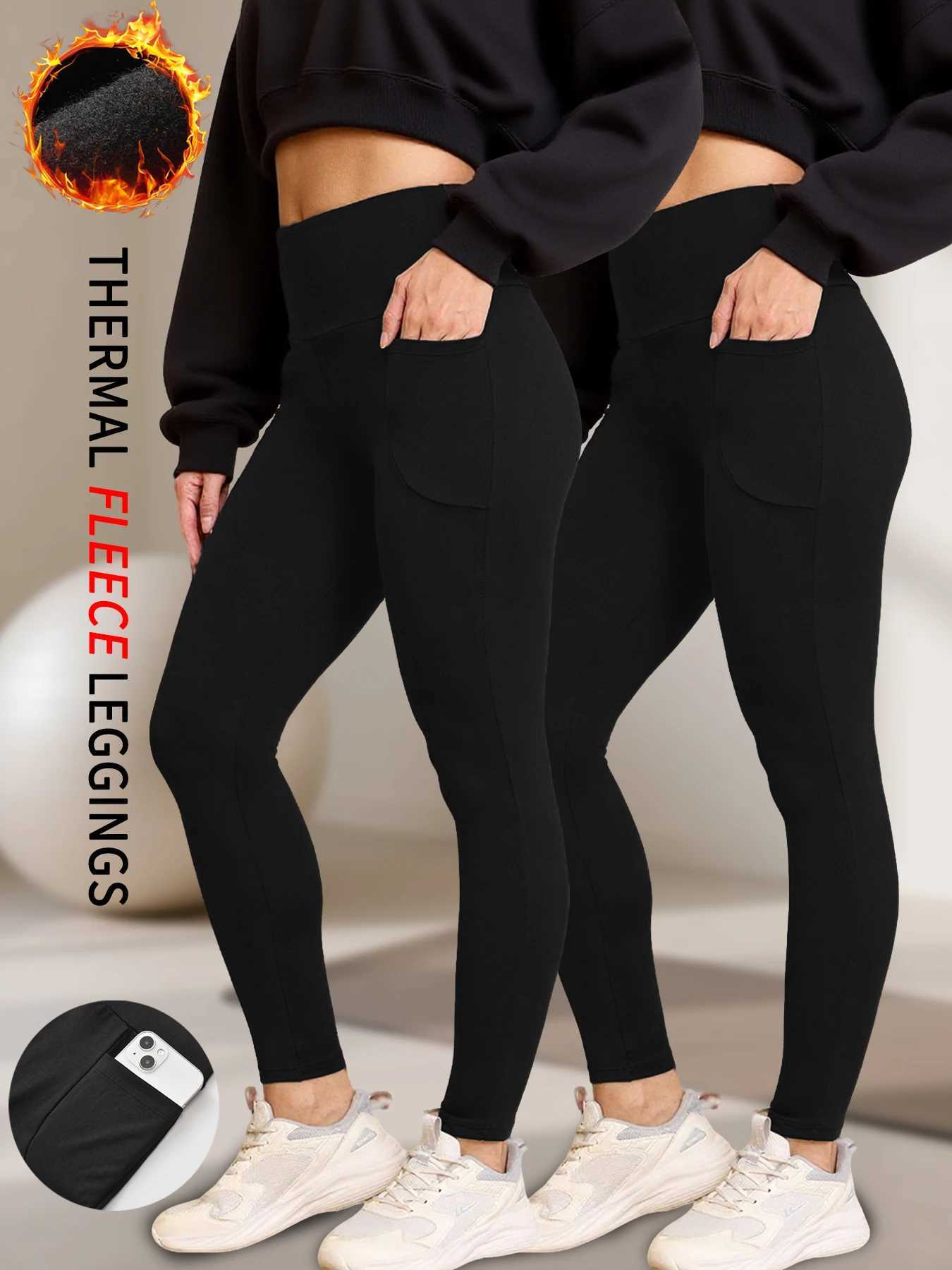 2 Pack Womens Super Soft Thermal Fleece Lined Legging With Pockets High Waist Tummy Control Workout Yoga Running PantsT251023