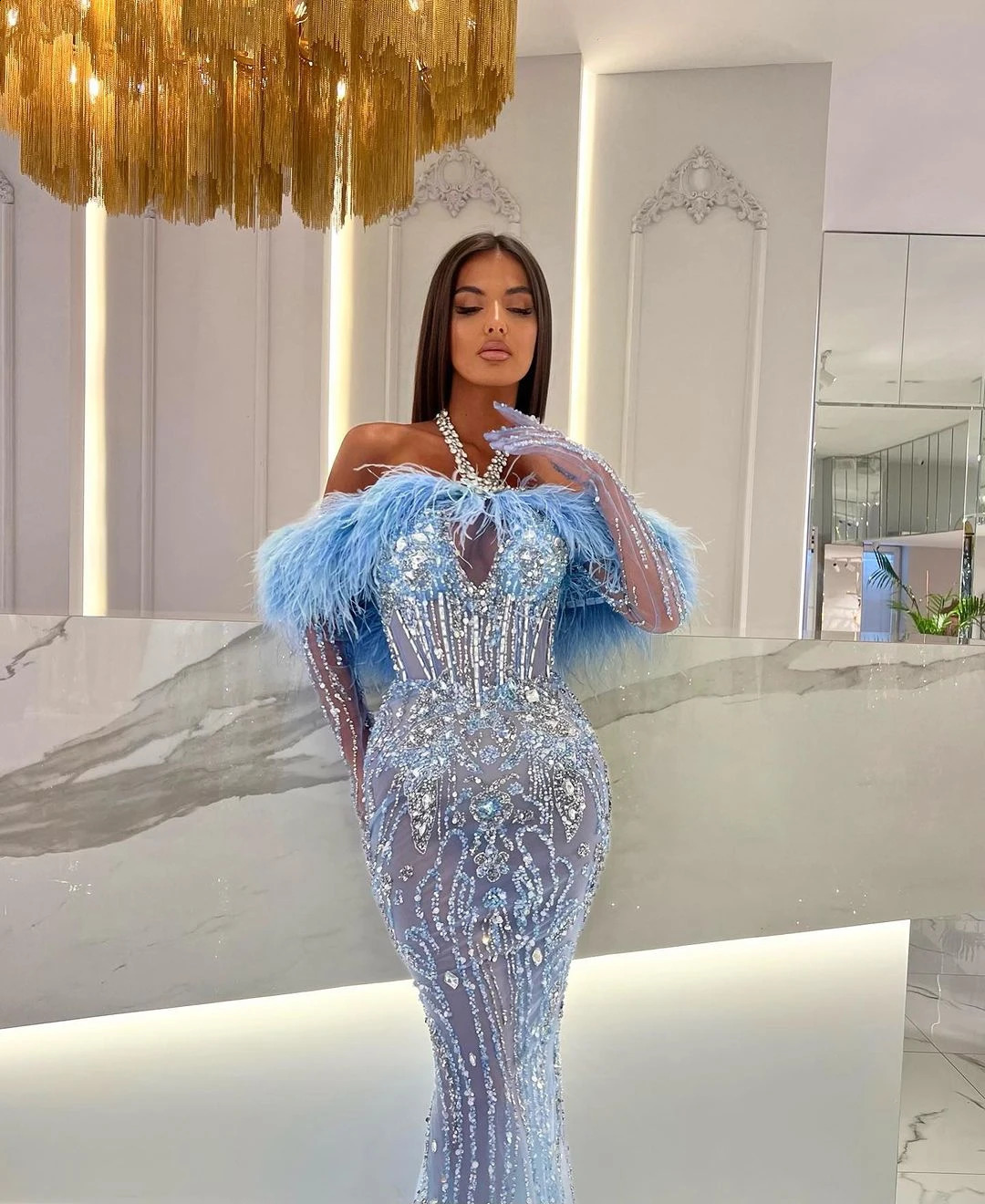 Gorgeous Blue Mermaid Halter Prom Dresses Crystal Sequins Feather Evening Gowns Side Split Custom Made Robe De Soire 251020